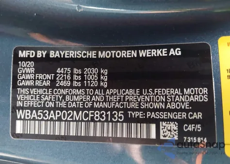 2021 BMW 430I from USA, damaged, VIN WBA53AP02MCF83135